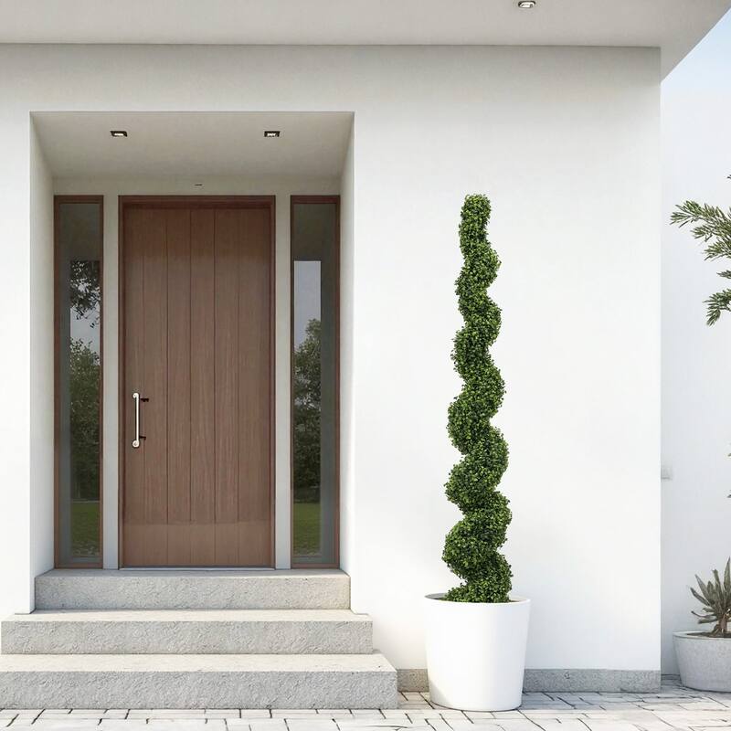 6FT Artificial Spiral Topiary Trees - Outdoor Faux Boxwood Plants with Large Twisted Green Potted Design for Garden