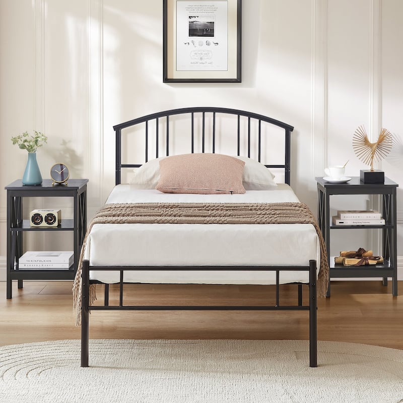 VECELO 3 Piece Bedroom Set Platform Bed Frame and Nightstands Set of 2 - Black - Twin