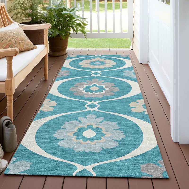 Machine Washable Indoor/ Outdoor Chantille Floral Geo Rug - Teal - 2'3" x 7'6"