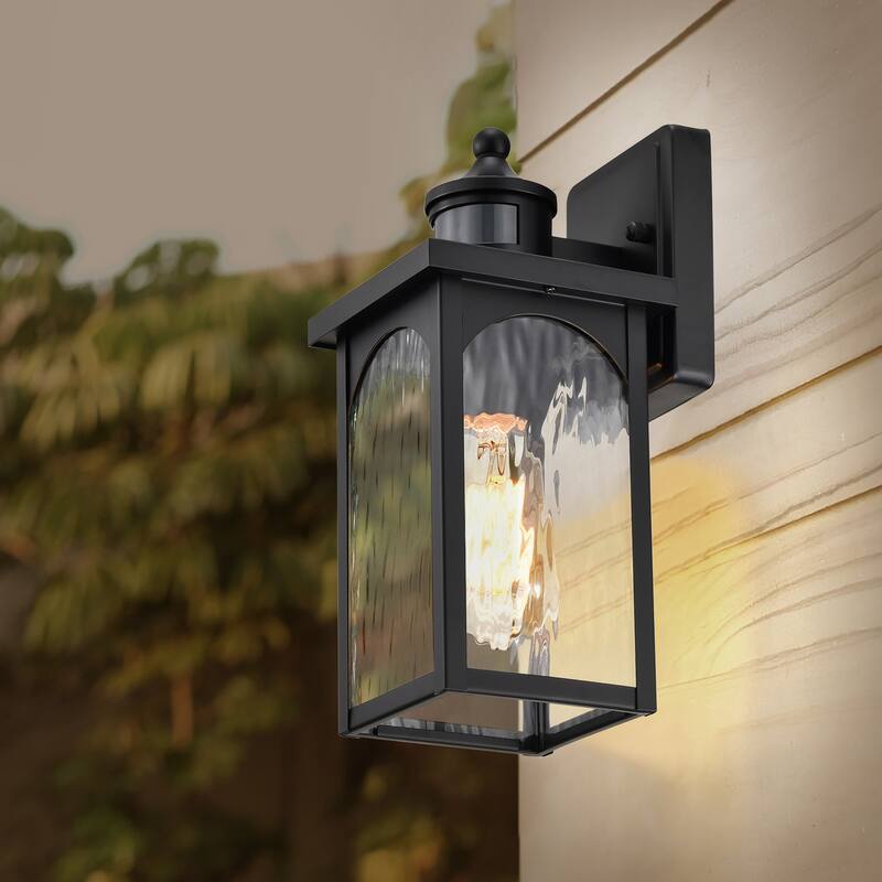 12 in. 1-Light Matte Black Motion Sensing Dusk to Dawn Outdoor Hardwired Wall Lantern Sconce with Clear Water Wave Glass