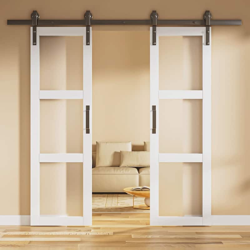 84''H Double 3 Lite Tempered Frosted Glass French Interior Door Wide Opening By-Pass Sliding Barn Door With Hardware Kit - 36X84