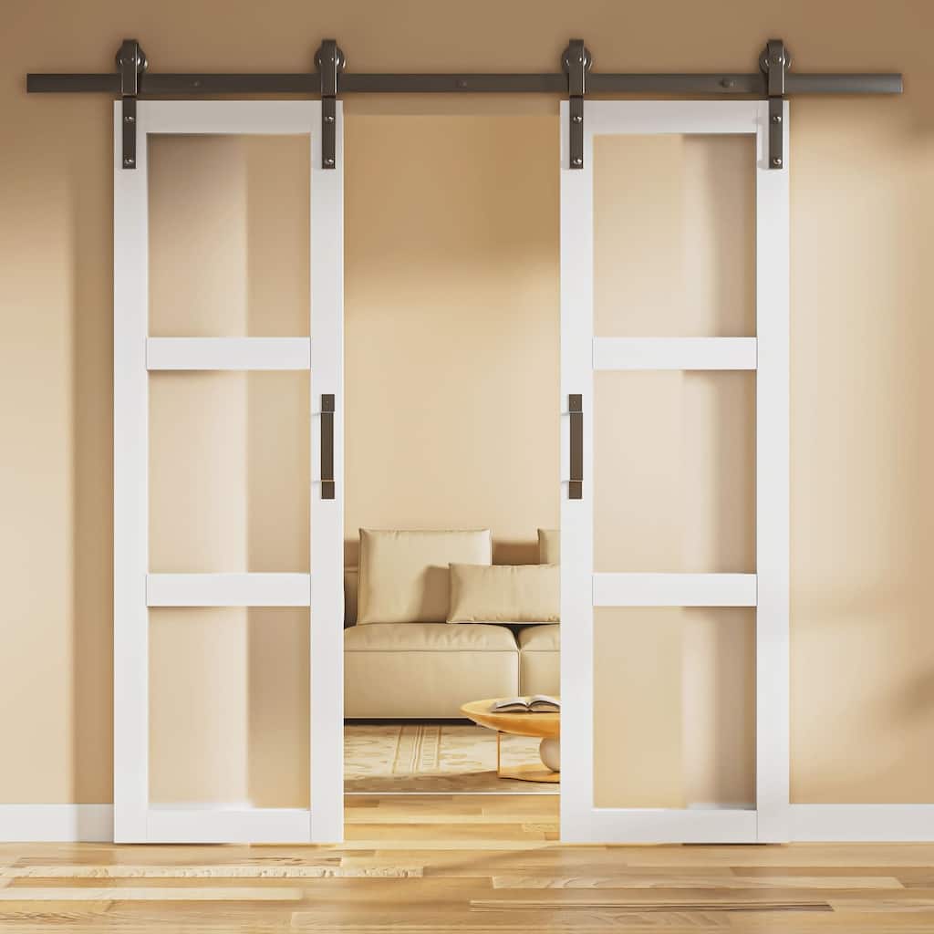 84''H Double 3 Lite Tempered Frosted Glass French Interior Door Wide Opening By-Pass Sliding Barn Door With Hardware Kit