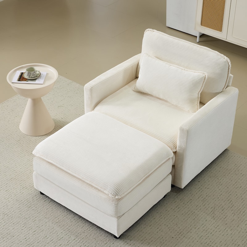 Plush Single Sofa Armchair & Ottoman Set of 2, Corduroy Chaise Lounge with Pillows - Compact Size for Living Room, Bedroom