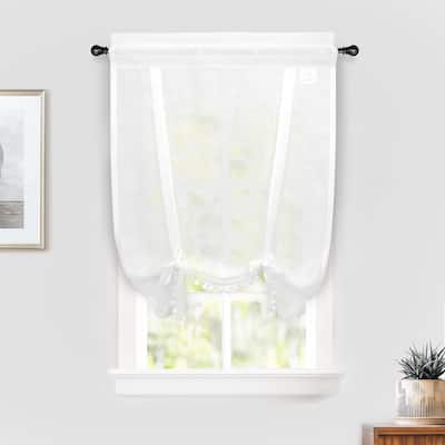 DriftAway Solid Color Linen Textured Slub Sheer with Pom Pom Trim Tie Up Adjustable Balloon Rod Pocket Window Curtains