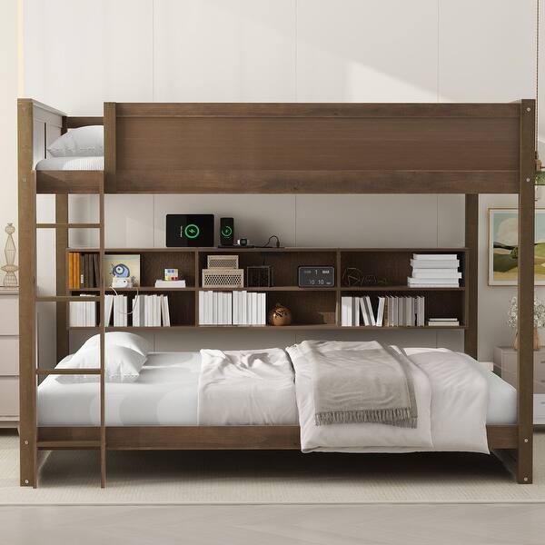 slide 2 of 16, Queen over Queen Wooden Bunk Bed with Storage Cabinets and USB Ports Wood