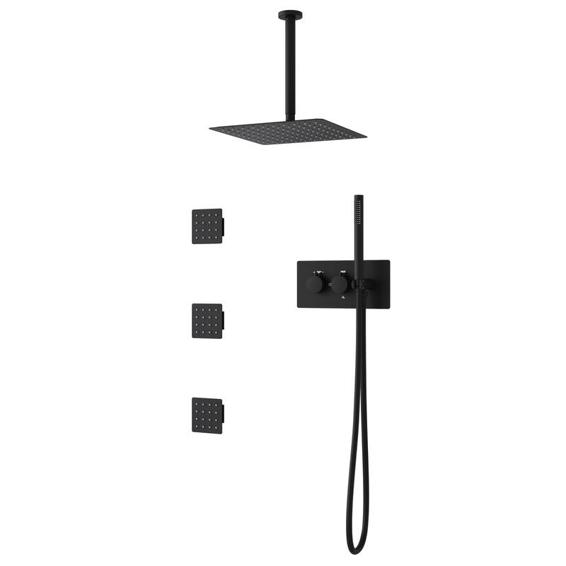 3-Function Ceiling-Mounted Shower System With 12" Ultra-Thin Square Shower Head,Body Jets And Hand Shower(Valve Included)