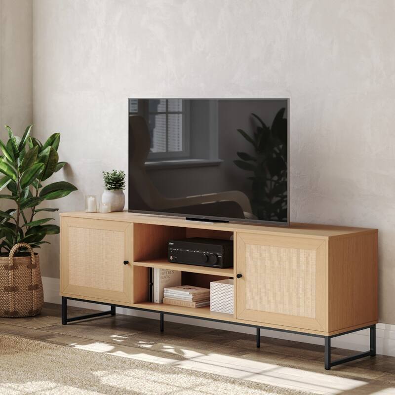 65" TV Stand with Rattan Accented Storage Doors - 66"W x 15.75"D x 22.75"H - Natural