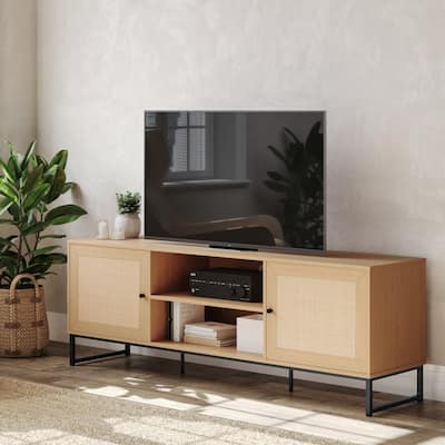 65" TV Stand with Rattan Accented Storage Doors - 66"W x 15.75"D x 22.75"H