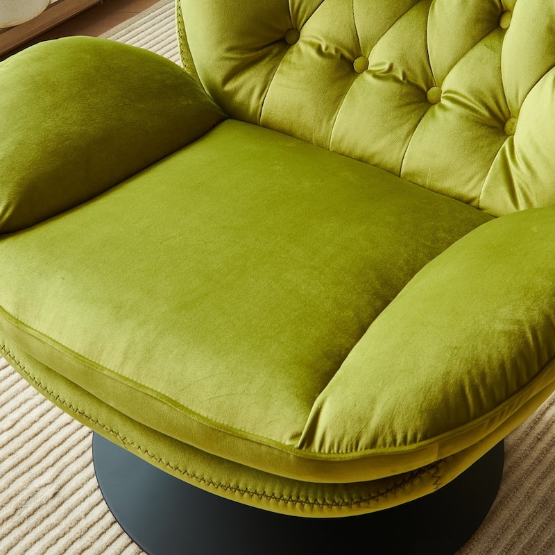 Velvet Upholstered Swivel Leisure Chair Comfortable Pillow Top Arms Lounge Chair with Ottoman and Metal Frame