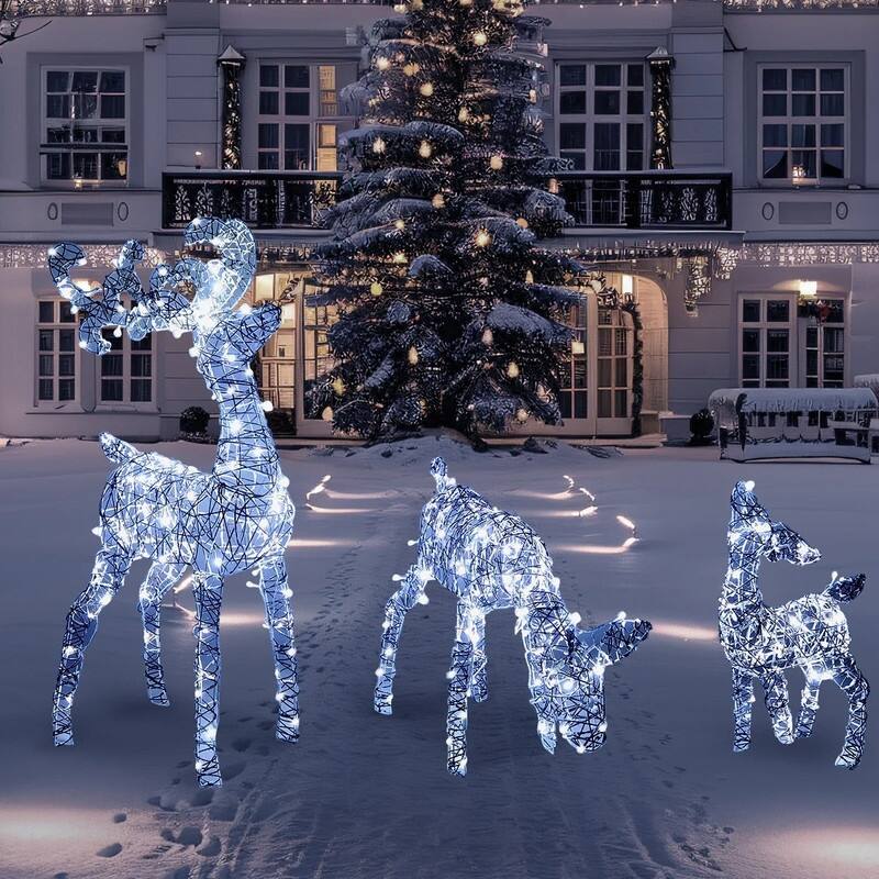 Joyfy 3 Packs Christmas Decoration Deer Family, 185 LED Lighted Rattan Reindeers Yard Lights, Cool White Deer