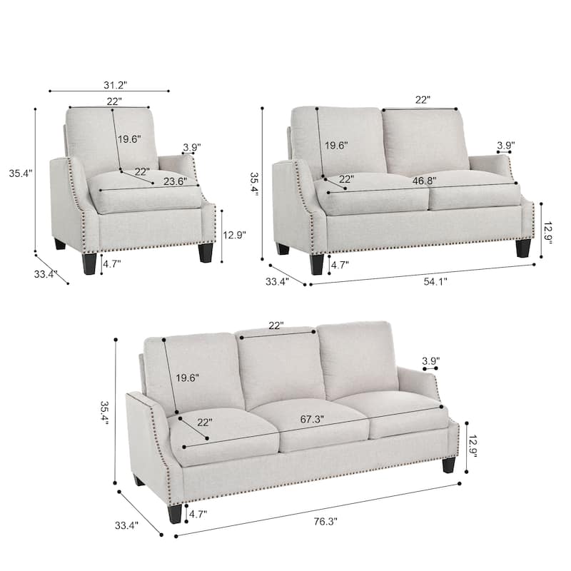 GDFStudio - Polyester 3-Piece Living Room Sofa Furniture Sets for Apartment
