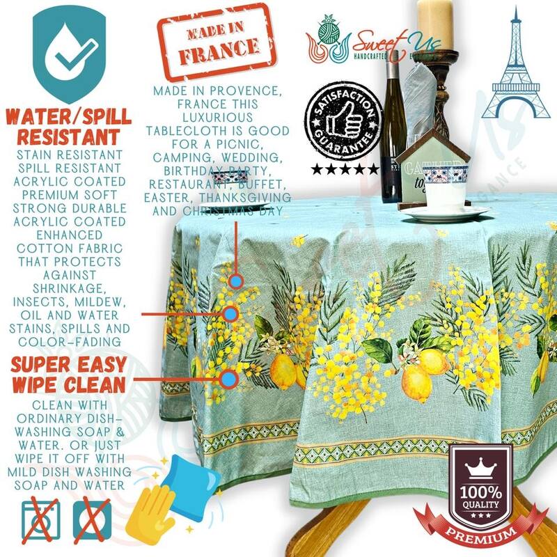Citronnée Wipeable Tablecloth, Stain Resistant, French Acrylic - 71 inches - Green