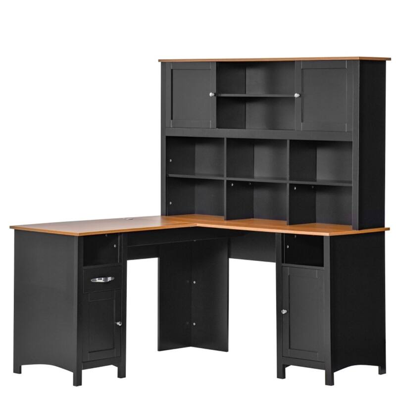 L-Shaped Black Computer Desk with Large Desktop and Storage Shelves for Home or Office