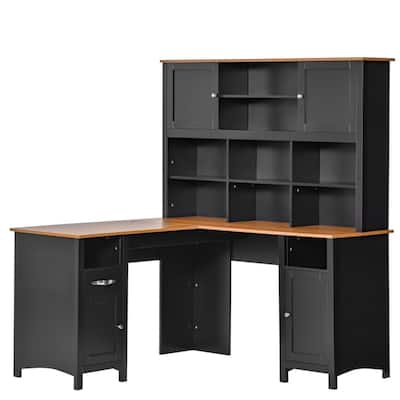 L-Shaped Black Computer Desk with Large Desktop and Storage Shelves for Home or Office