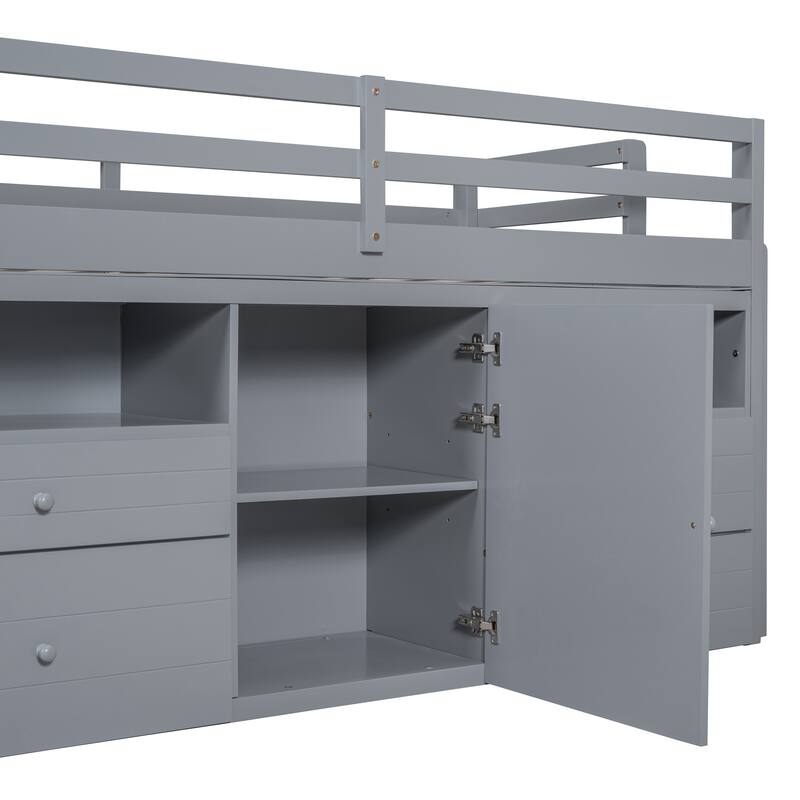 Space-Saving Twin Loft Bed with Drawers, Cabinet, and Shelves in Gray