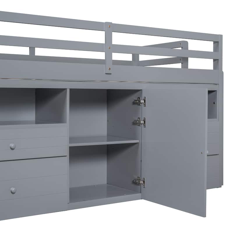 Twin Solid Wood Loft Bed with Drawers & Cabinet