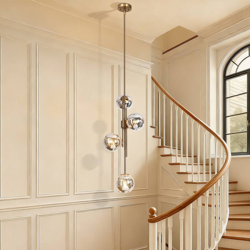 Bela Modern Gold 4-Light Chandelier Orb Mercury Glass Pendant Lights for Kitchen Island - W13.4" x H96.5" MAX