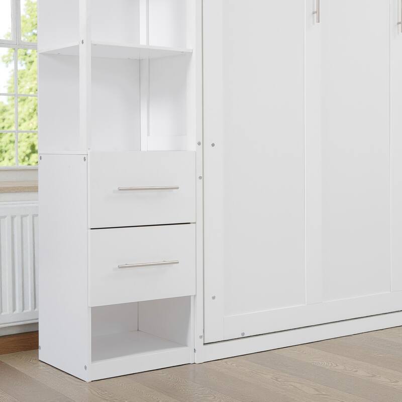 Queen Size Murphy Wall Bed with Shelves, Drawers and LED Lights, Space-Saving Foldable Bed for Guest Room or Home Office