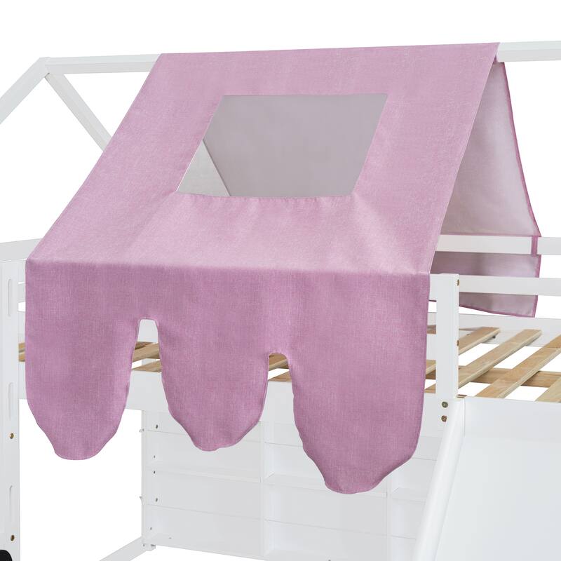 Wooden Loft Bed with House-Shaped Frame, Tent, Slide, and Ladder, Twin/Full Size, Natural Beige