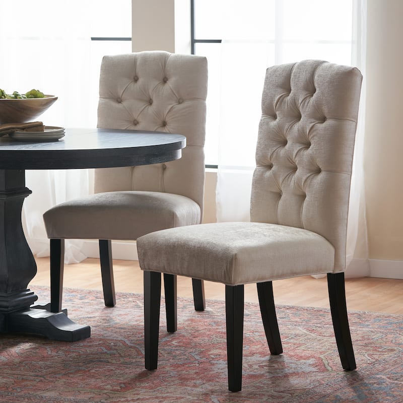 Upholstered Dining Chairs 2 Pack, Tufted Seat Back Padded Seating, Crown-shaped Top Ivory Fabric Dining Chairs for Kitchen