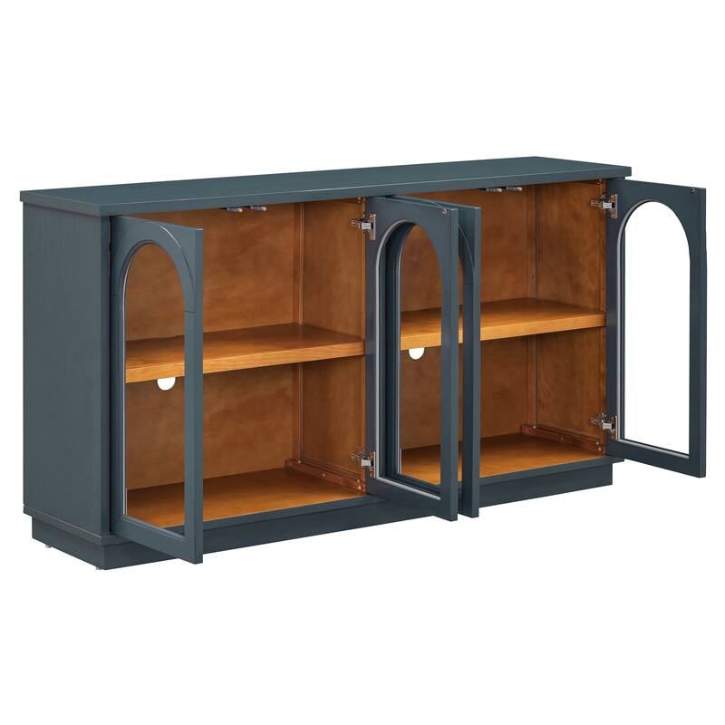 Storage Cabinet Buffet Sideboard with 4 Arched Glass Doors, Wood Accent Entryway Table with Adjustable Shelves
