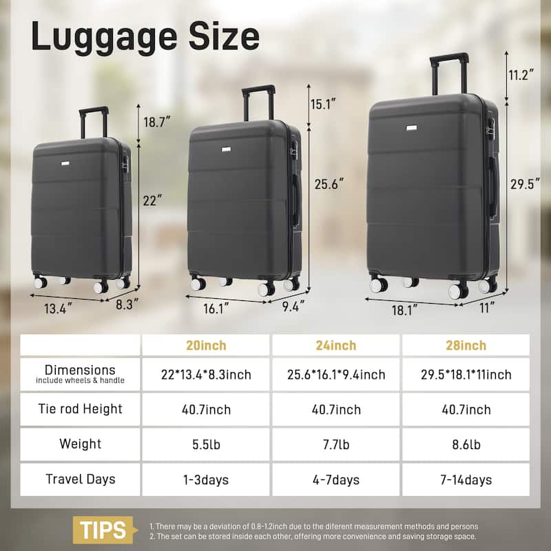3-Piece, Modern Luggage Sets, Hard-Shell Luggage with Silicone Handles and Combination Lock, for Boarding Travel, Charcoal