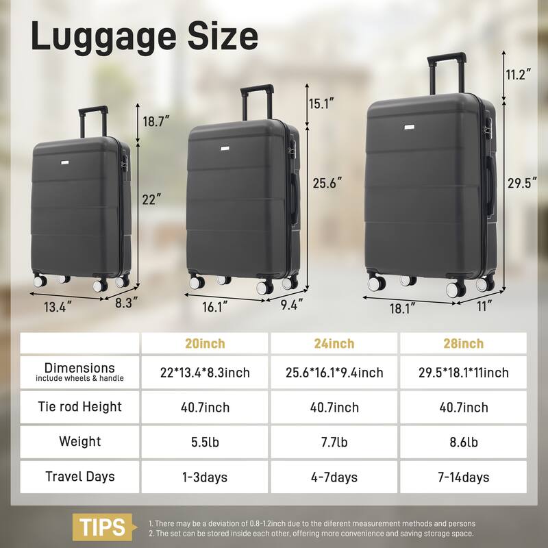Hardshell Luggage Sets 3 Piece Double Spinner Wheels Suitcase with Handle Password Lock, Lightweight 20"+24"+28" Luggages