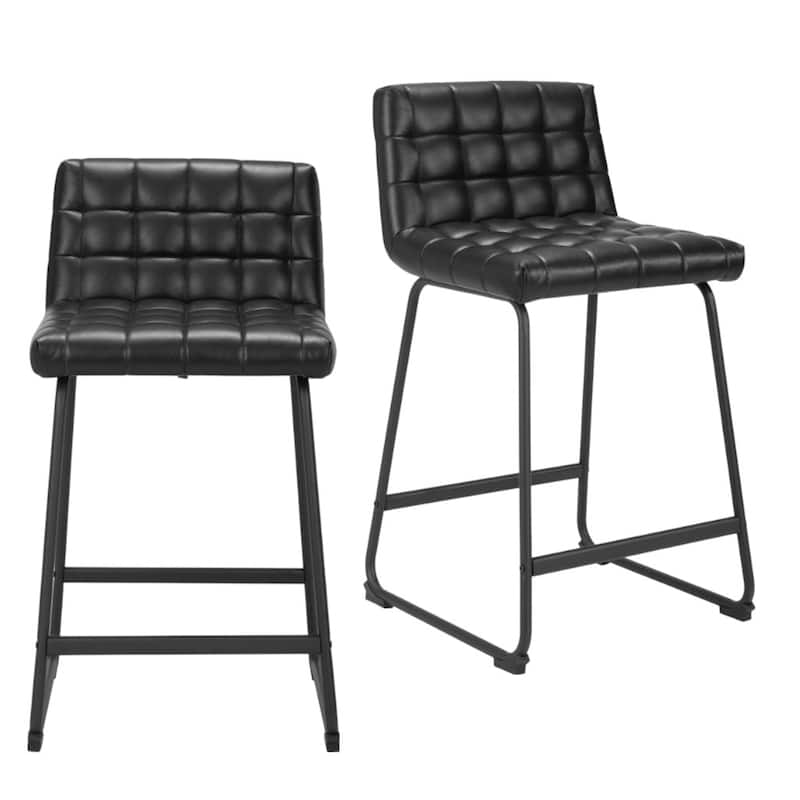 HomeRoots Set of Two 26" Black Faux Leather and Steel Counter Height Bar Chairs