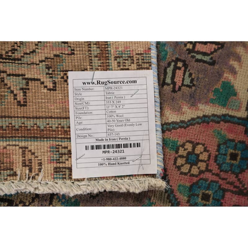 Brown Floral Tabriz Persian Rug Traditional Hand-Knotted Wool Carpet - 8'2"x 11'7"