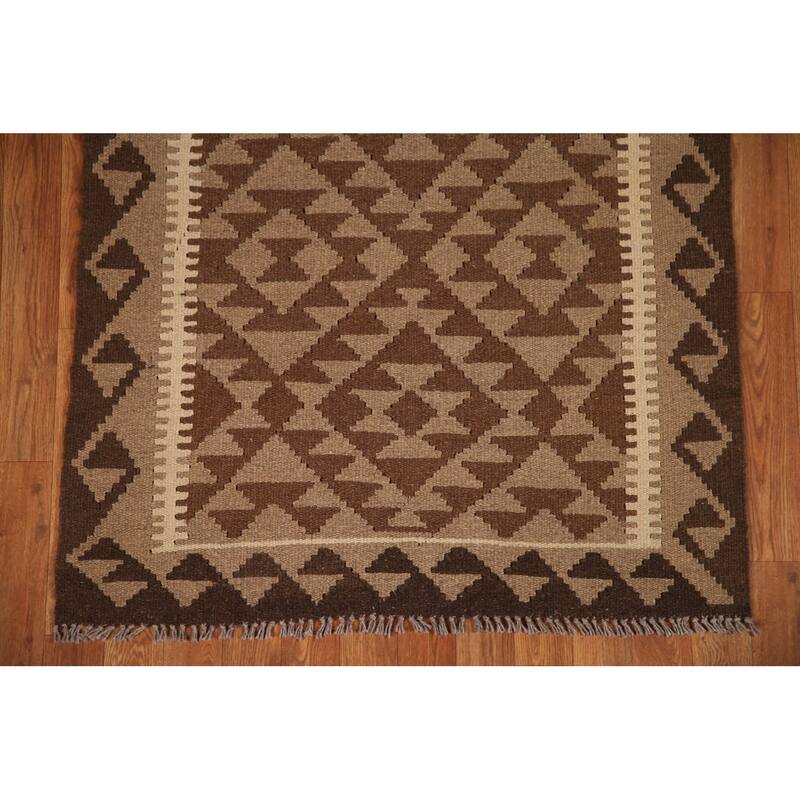Brown Kilim Reversible Area Rug Flat-weave Wool Foyer Carpet - 3'2" x 5'3"