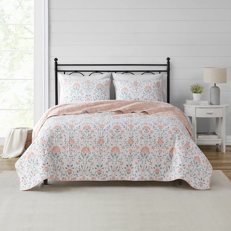CEDAR COURT Jasper Peach/Green Cotton Quilt Set - King
