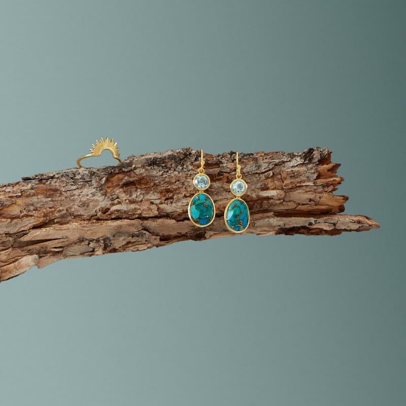 Curata 14k Gold Plated 925 Sterling Silver Simulated Turquoise and Sky Blue Topaz Earrings French Wire