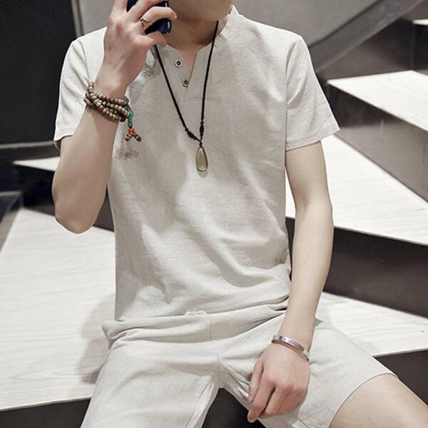 Shop Summer Men Linen Solid Color Short Sleeve Casual Simple