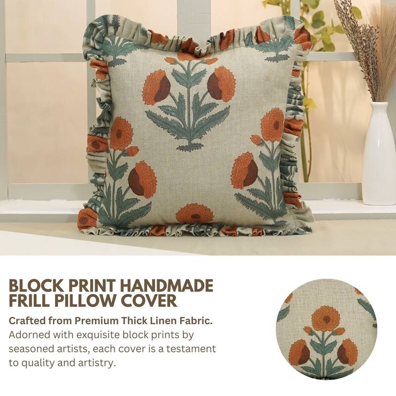 Fabdivine Orange Handmade Flower Pattern Thick Linen Block Print Pillow Cover