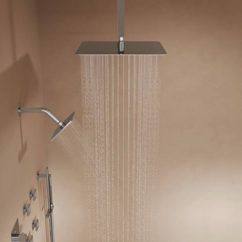 GRANDJOY Shower System 16 inch Rainfall Ceiling and 6 inch Wall Mount Dual Shower Head Handheld Spray Slide Bar Thermostatic