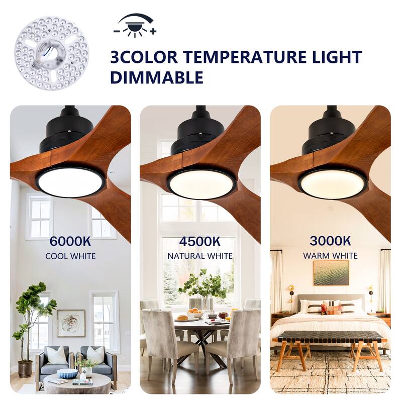 60" Ceiling Fan w/ 18W Led Light 3 Solid Wood Blades Remote Control Reversible DC Motor