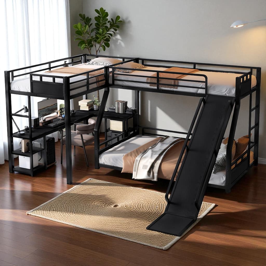 Metal Triple Bunk Bed with L-Shaped Desk, Storage Shelves & Slide, Twin/Twin XL over Full/Queen Space-Saving Loft Design