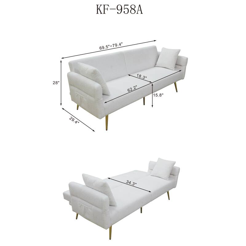 Loveseat Sofa Folding Sleeper Sofa Bed with Foldable Armrest and Adjustable Back, Lounge Couch wMetal Legs & Side Pocket