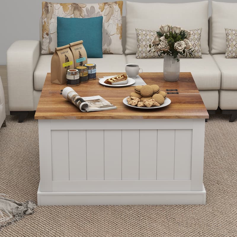 Farmhouse Coffee Table,Wood Center Table with Hinged Lift Top, Rustic Cocktail Table with Hidden Storage - White - Wood