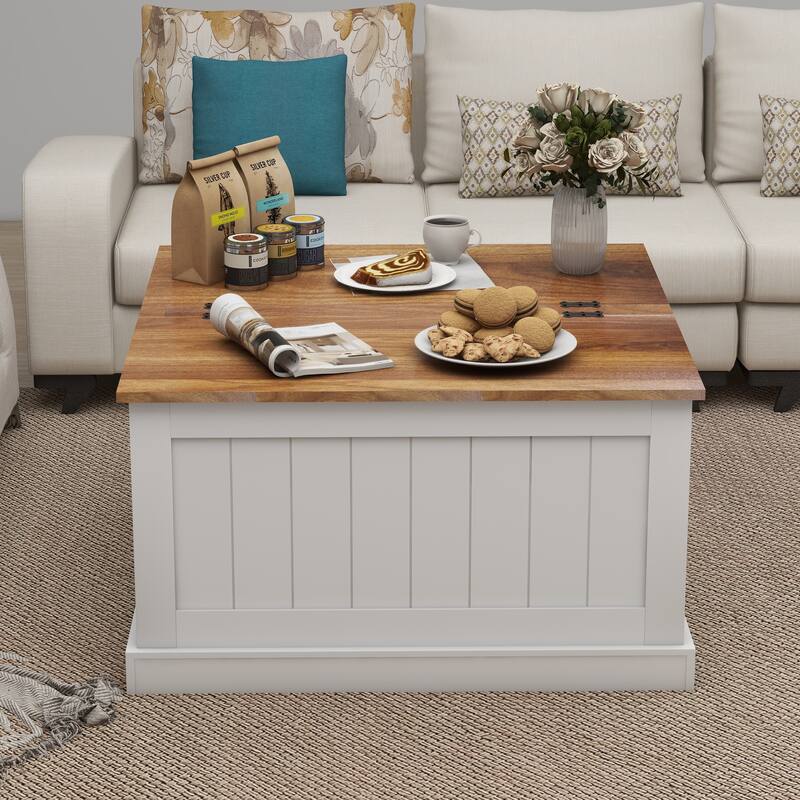 Farmhouse Coffee Table Square Wooden Center Table with Hinged Lift Top Large Hidden Storage Compartment, for Living Room