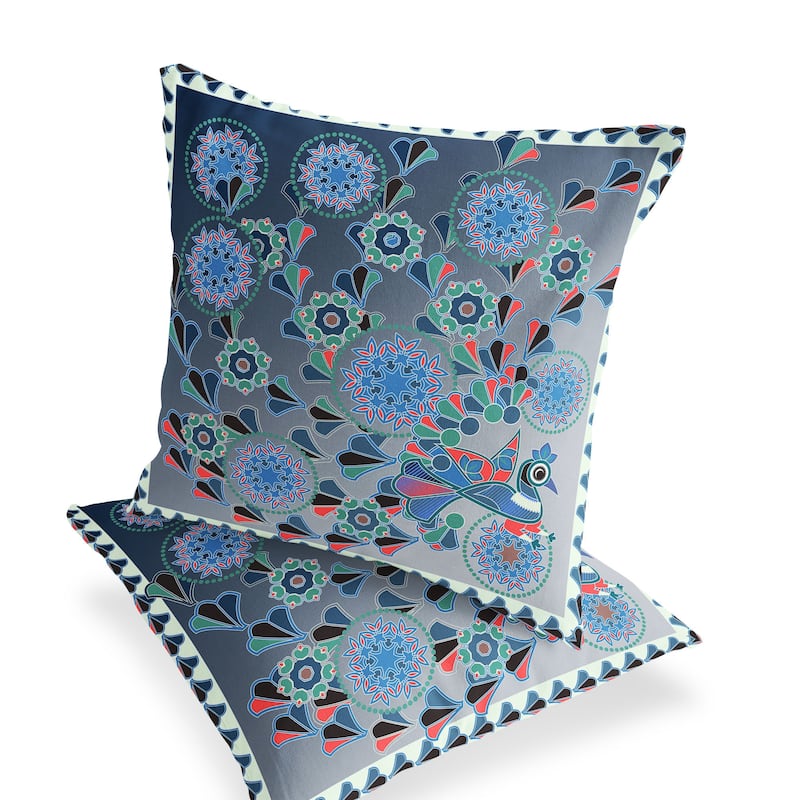 HomeRoots Set of Two 16" X 16" Blue and White Peacock Blown Seam Floral Indoor Outdoor Throw Pillow - 16.00' X '16.00' X '5.00