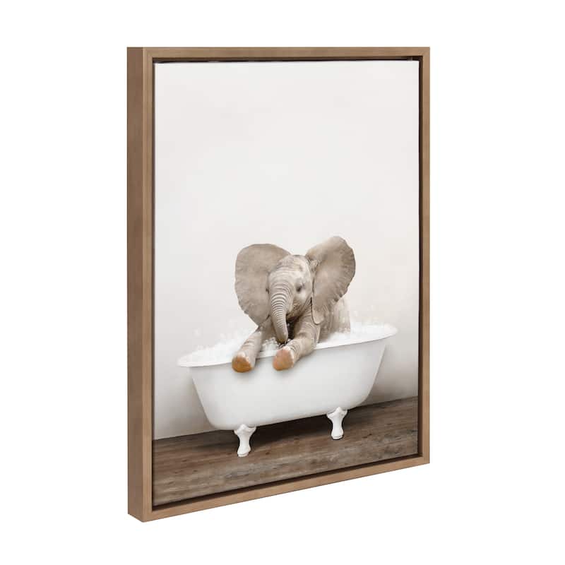 Kate and Laurel Baby Elephant Bath Framed Canvas by Amy Peterson - Gold