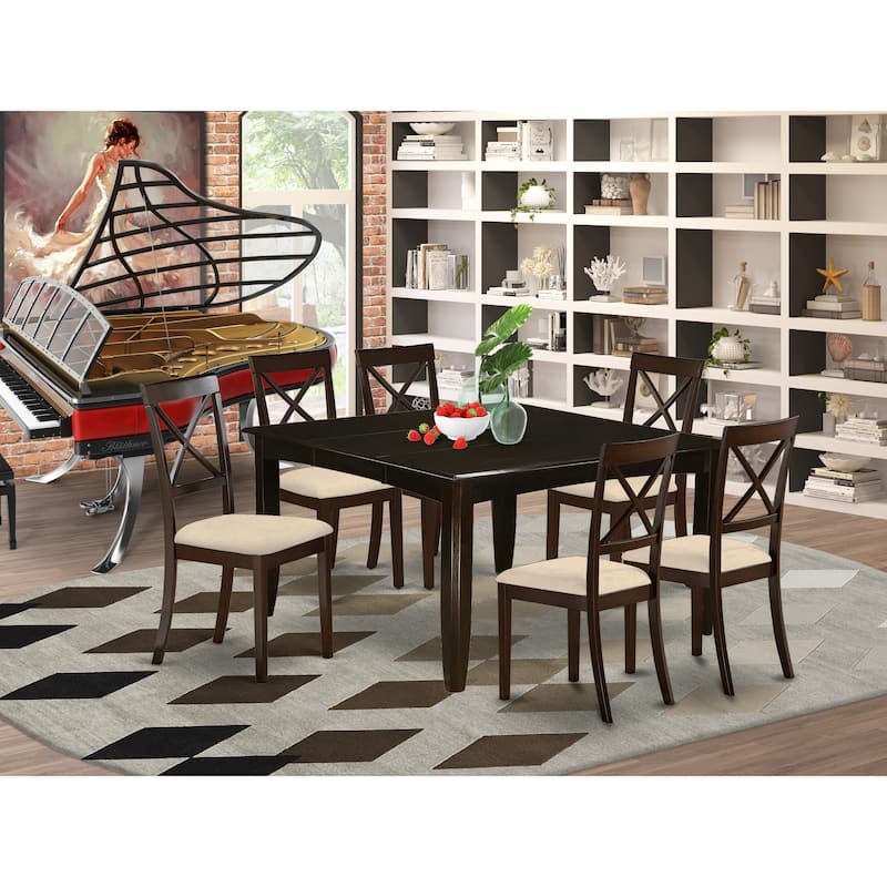 East West Furniture 7 Piece Dining Set Consist of a Square Dining Table and 6 Linen Fabric Chairs, Cappuccino(Pieces Option)
