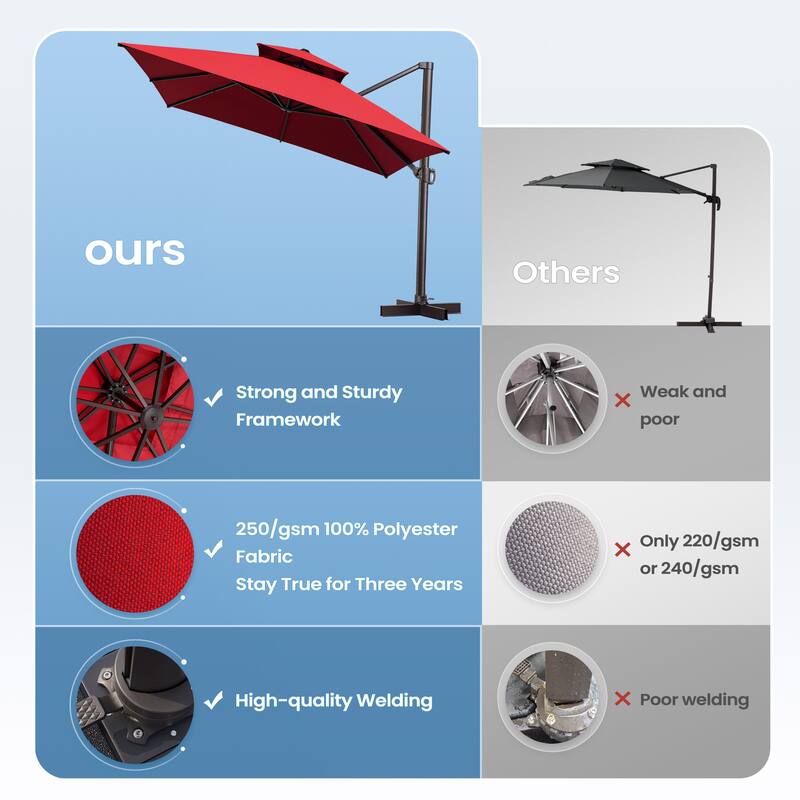 10 x 13 Feet Double Top Rectangular Rotating Patio Offset Cantilever Umbrella with Crank