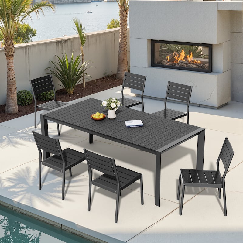 7-Piece Outdoor Patio Aluminum Dining Table with Stackable Dining Chairs - Black-83.85inTable