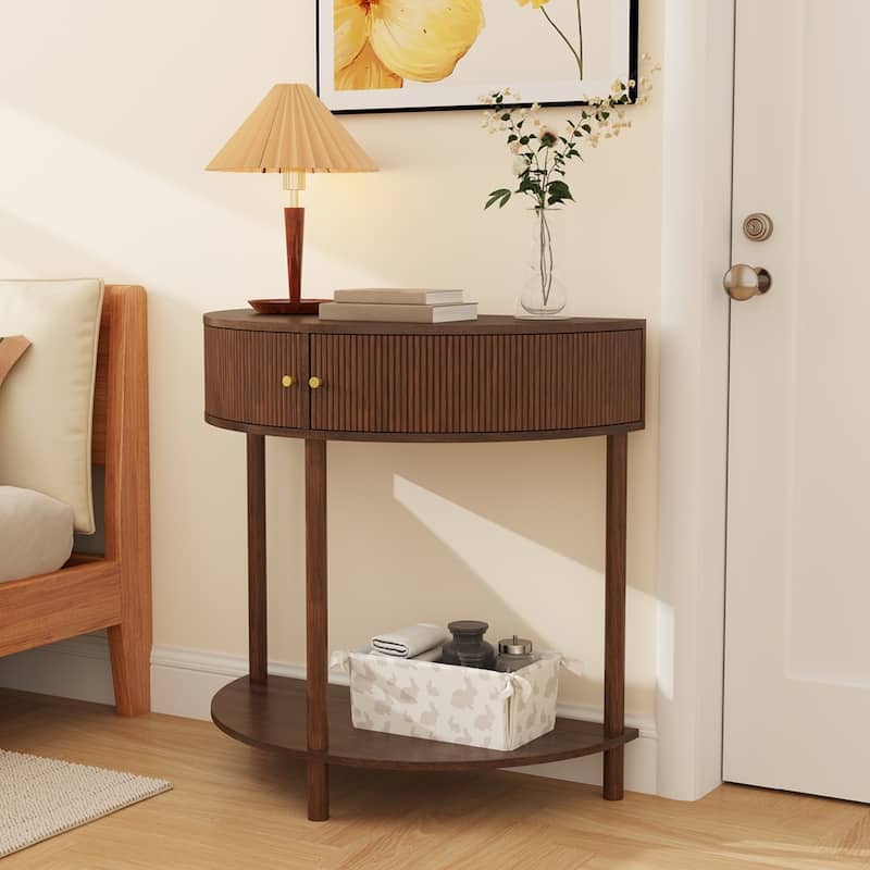 Half Moon Design End Table with Sliding Rattan Door