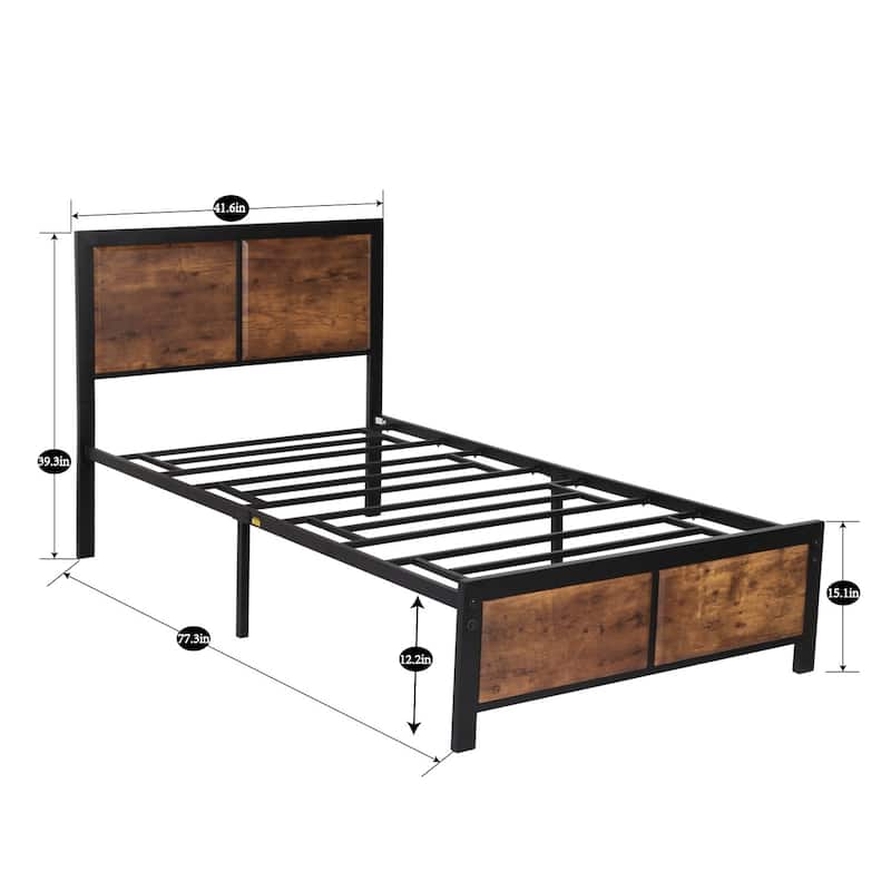 Taomika Industrial 3-pieces Bed with Wood Headboard and Nightstand Set