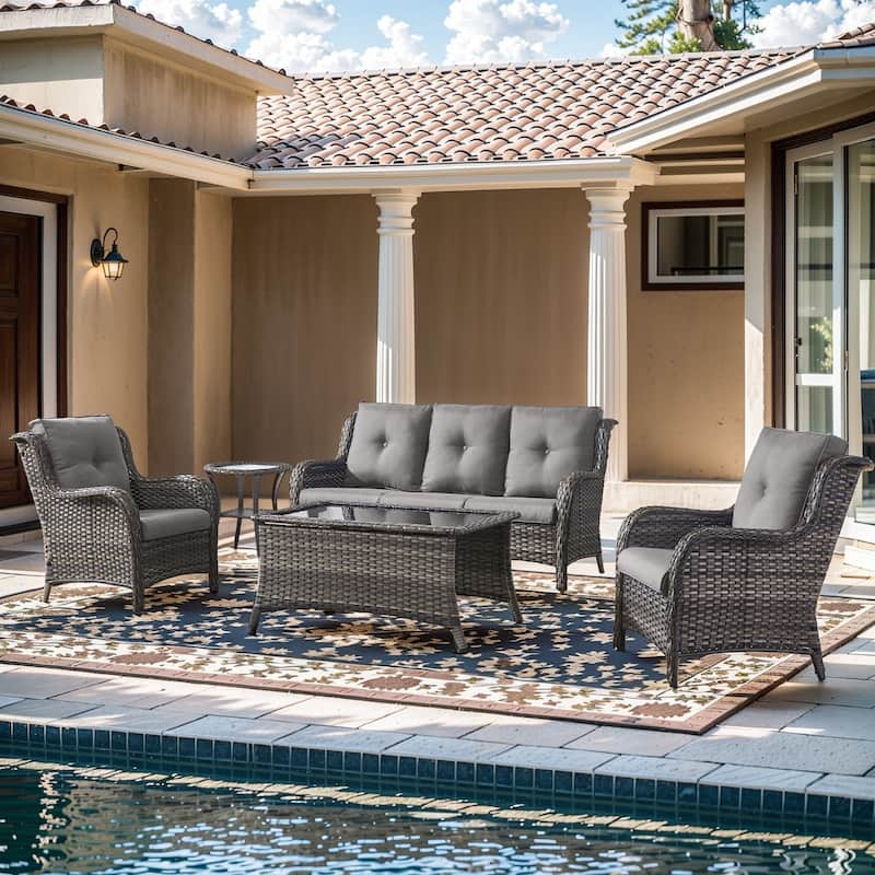 Pocassy Outdoor Patio Sofa Chairs with Coffee Table - 5 Pieces 3-Seat Sofa Patio Chair with Table - Grey Rattan Grey Cushion