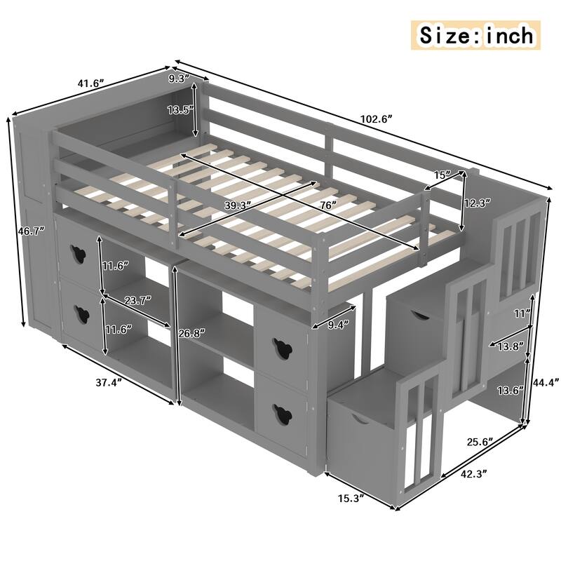 Grey Twin Size Low Loft Bed with Shelves, Storage Headboard, and Stairs