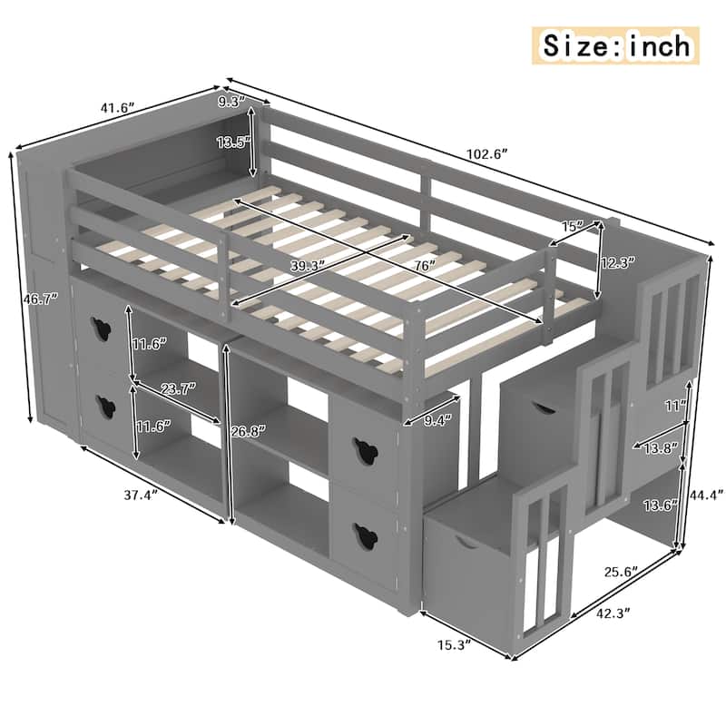 Twin Low Loft Bed with Stairs Storage Shelves and LED Lights No Box Spring Needed